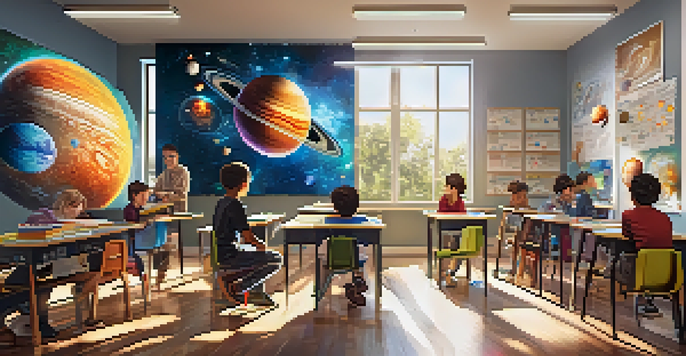 A lively classroom with students wearing AR glasses, engaging with a 3D model of the solar system, surrounded by colorful educational posters and bright sunlight.