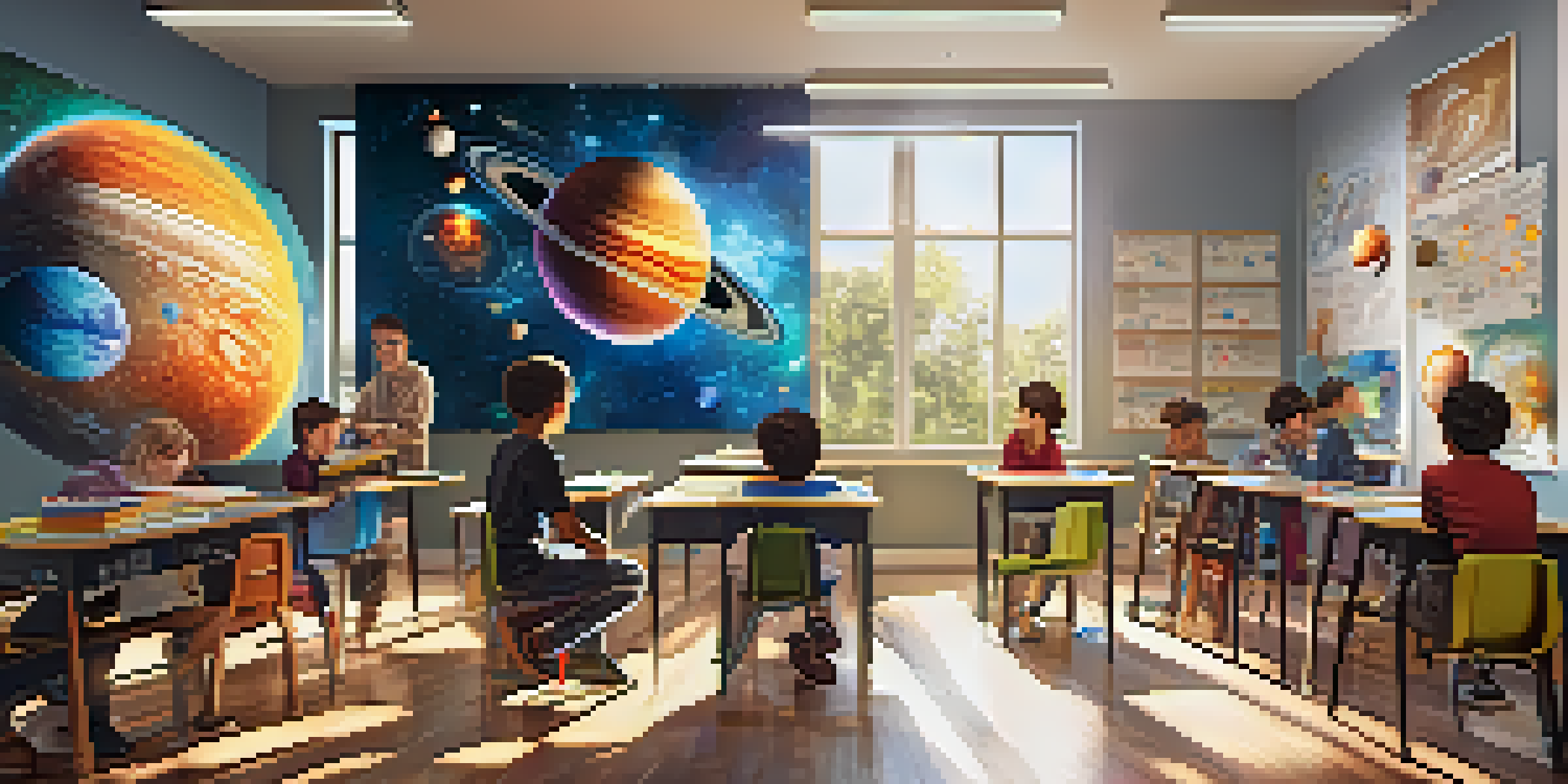 A lively classroom with students wearing AR glasses, engaging with a 3D model of the solar system, surrounded by colorful educational posters and bright sunlight.