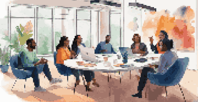 A diverse group of professionals discussing at a virtual roundtable in a modern home office setting.