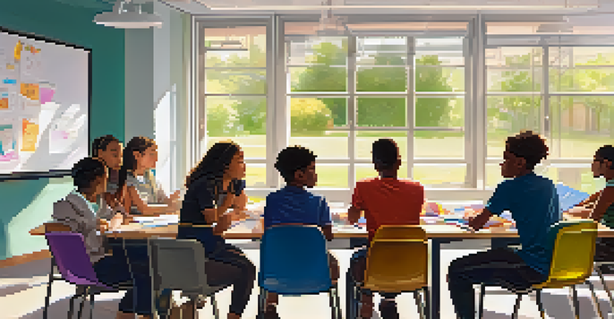 A classroom with students sitting in a circle, engaged in discussion with sunlight filtering through windows.