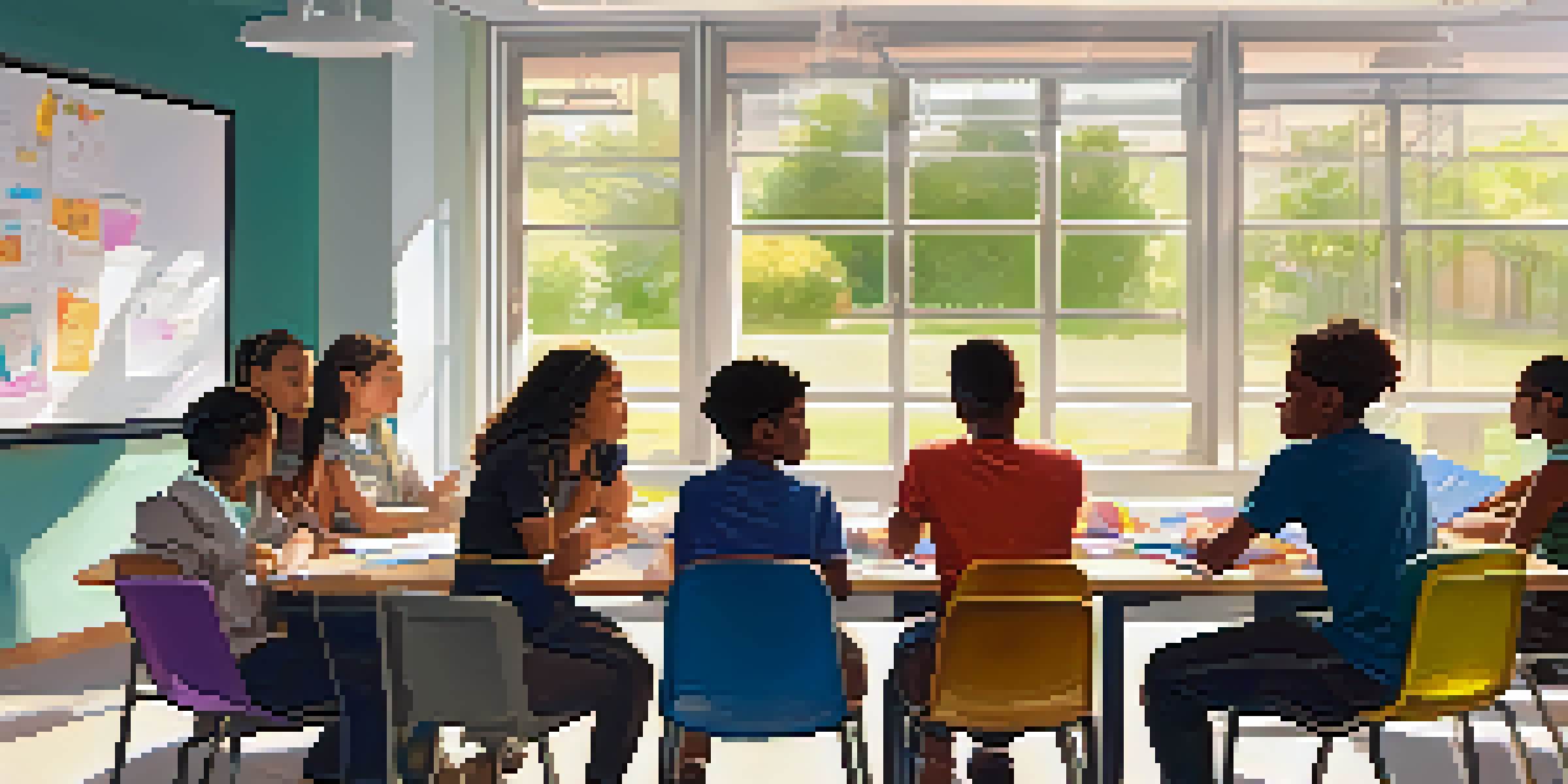 A classroom with students sitting in a circle, engaged in discussion with sunlight filtering through windows.