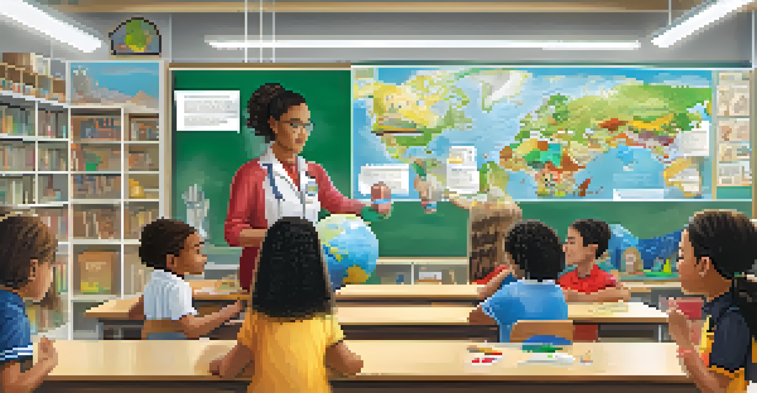 A teacher conducting a science experiment in a multicultural classroom, with students showing curiosity and educational posters on the walls.