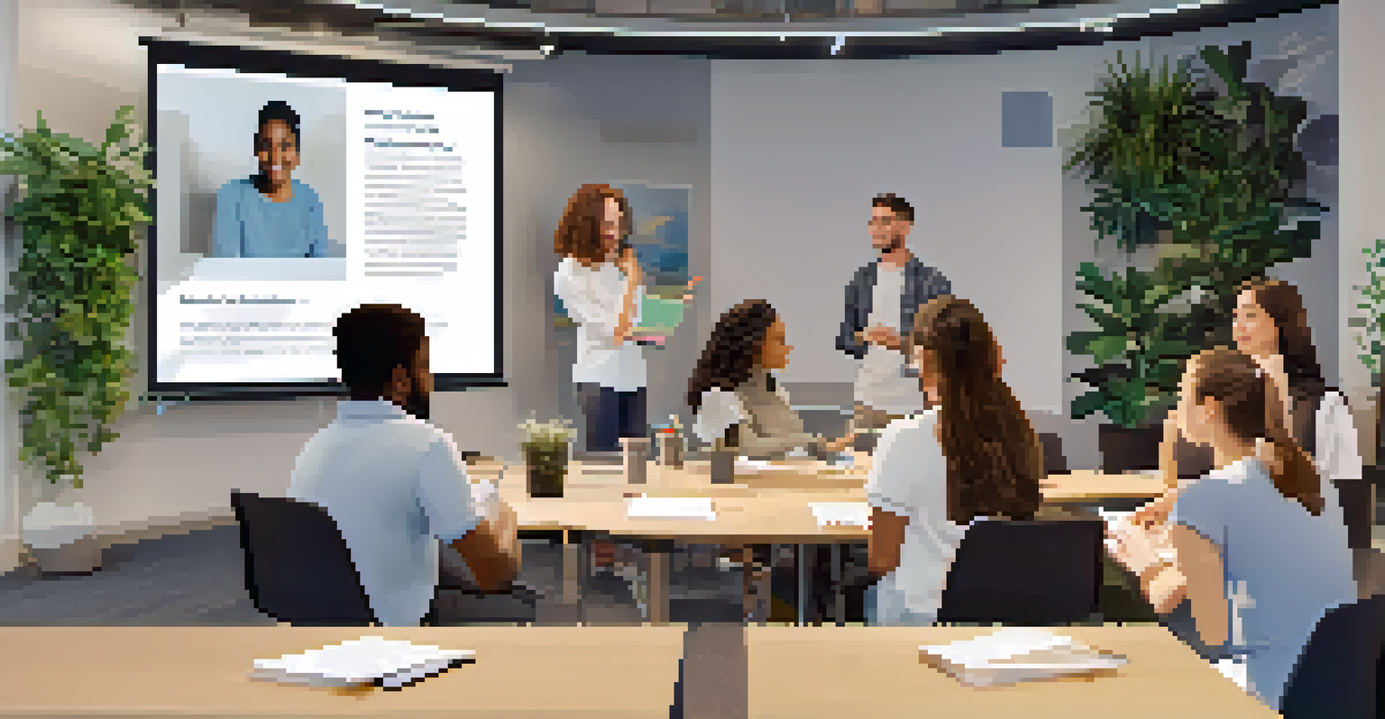 A virtual meeting with students engaged in discussion, displayed on a large screen in a bright modern setting.
