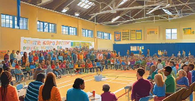 A community meeting in a school gym with diverse individuals discussing crisis management, surrounded by colorful posters and a banner.