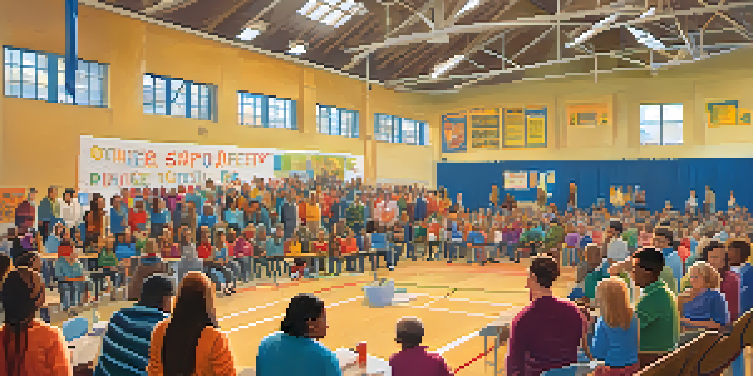 A community meeting in a school gym with diverse individuals discussing crisis management, surrounded by colorful posters and a banner.