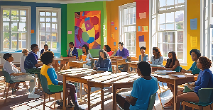 A diverse group of teachers discussing ethical practices in a colorful classroom filled with educational materials and natural light.