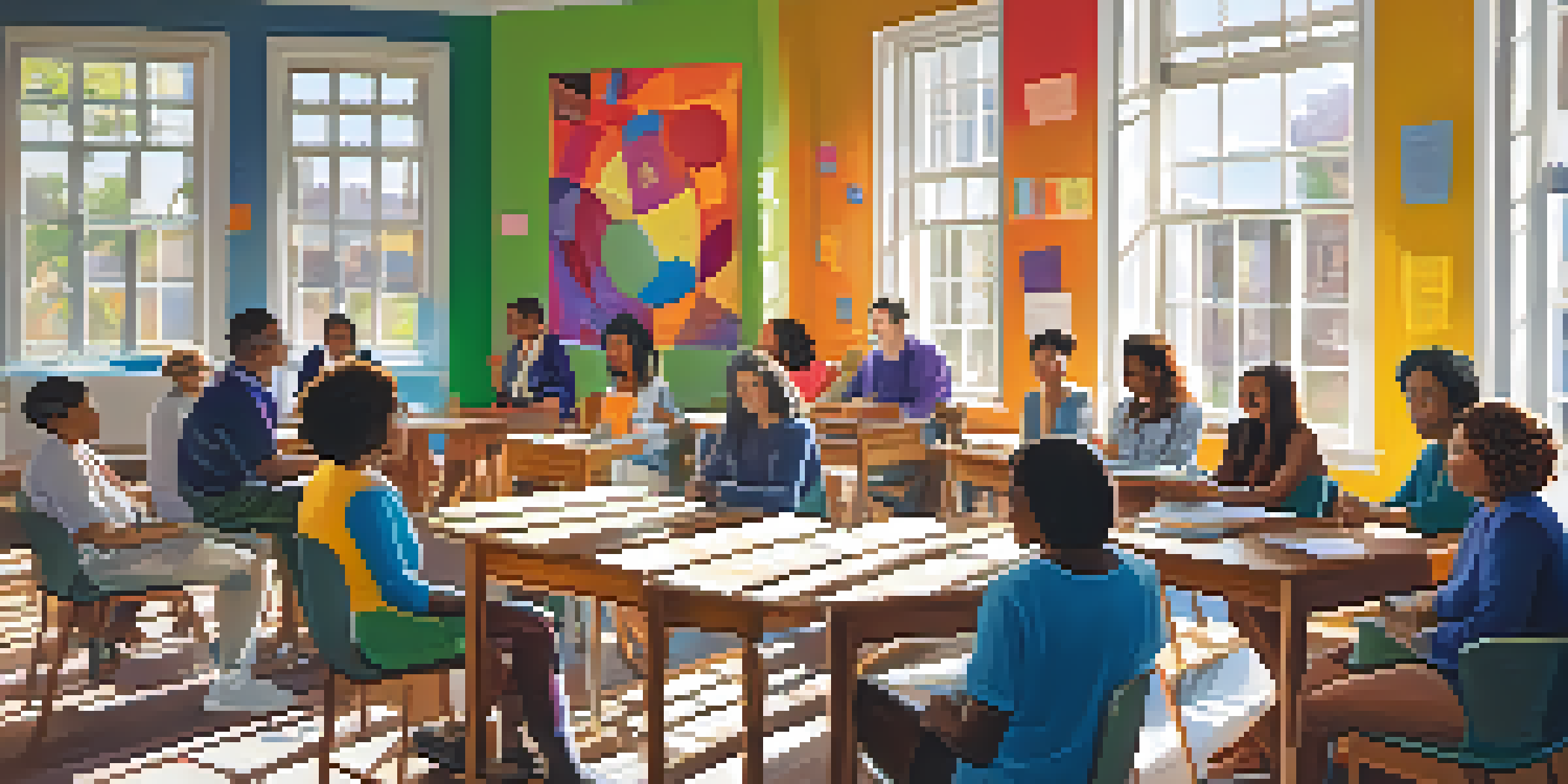 A diverse group of teachers discussing ethical practices in a colorful classroom filled with educational materials and natural light.