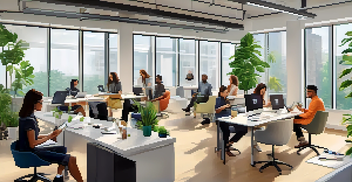 A modern office filled with diverse employees participating in microlearning, using laptops and tablets in a bright and airy workspace.
