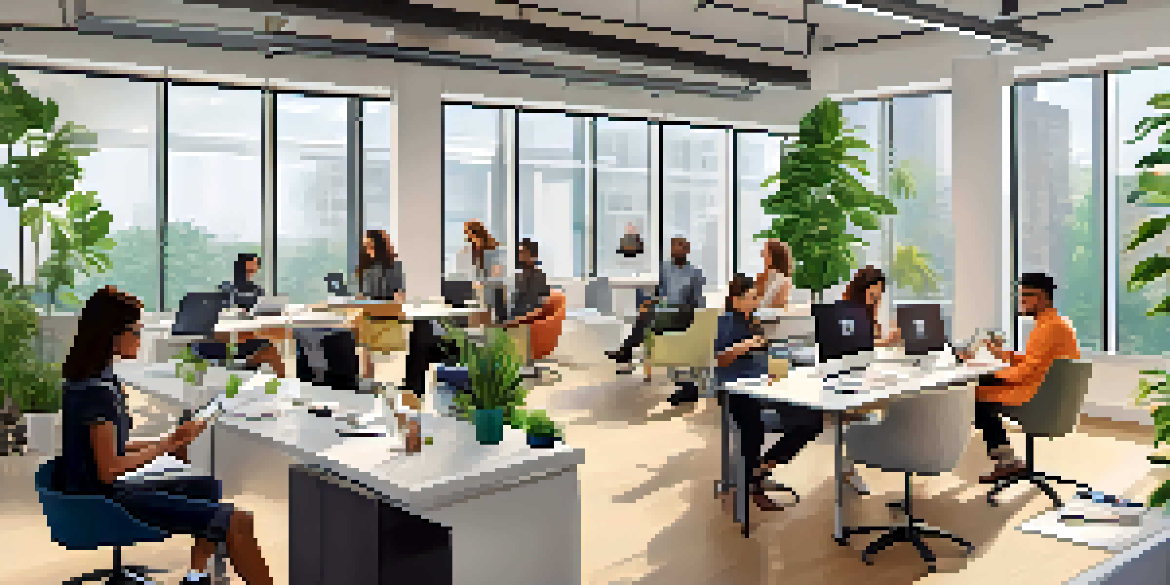 A modern office filled with diverse employees participating in microlearning, using laptops and tablets in a bright and airy workspace.