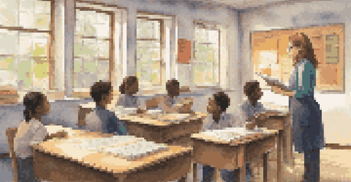 A new educator being mentored by an experienced teacher in a bright classroom, surrounded by educational materials.