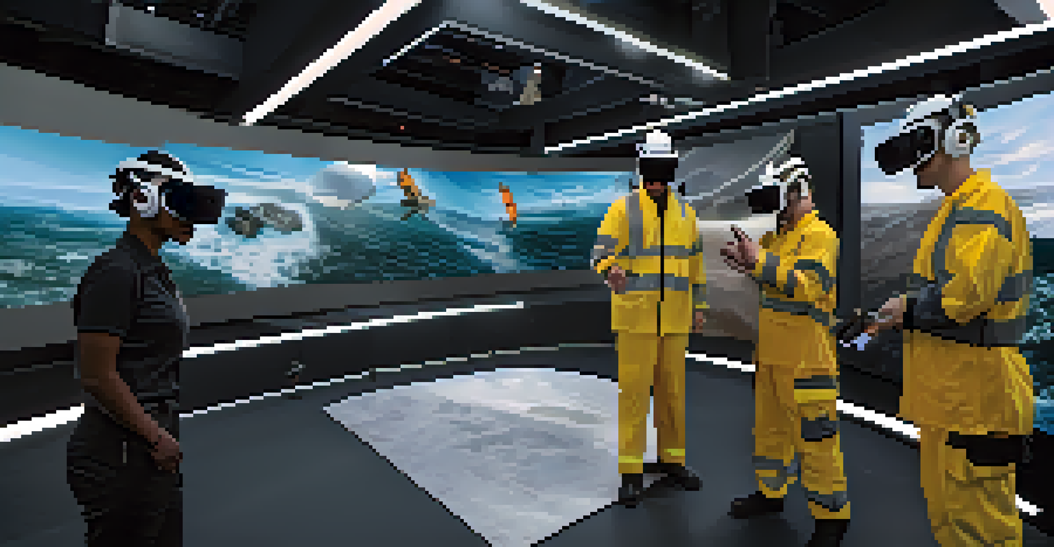 Employees participating in a virtual reality training session for crisis management, fully engaged in a simulated environment. The setting is high-tech and immersive.