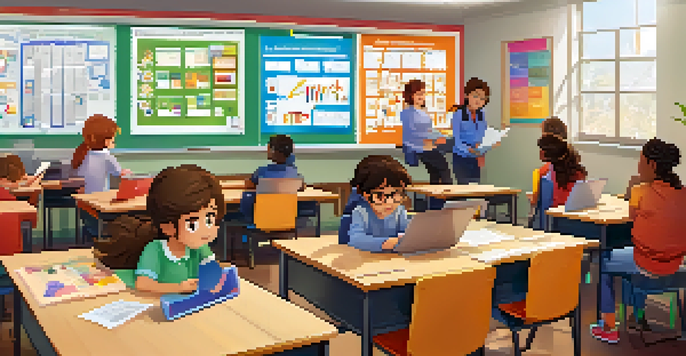 A bright classroom filled with students collaborating on a project, with colorful decorations and a teacher guiding them.