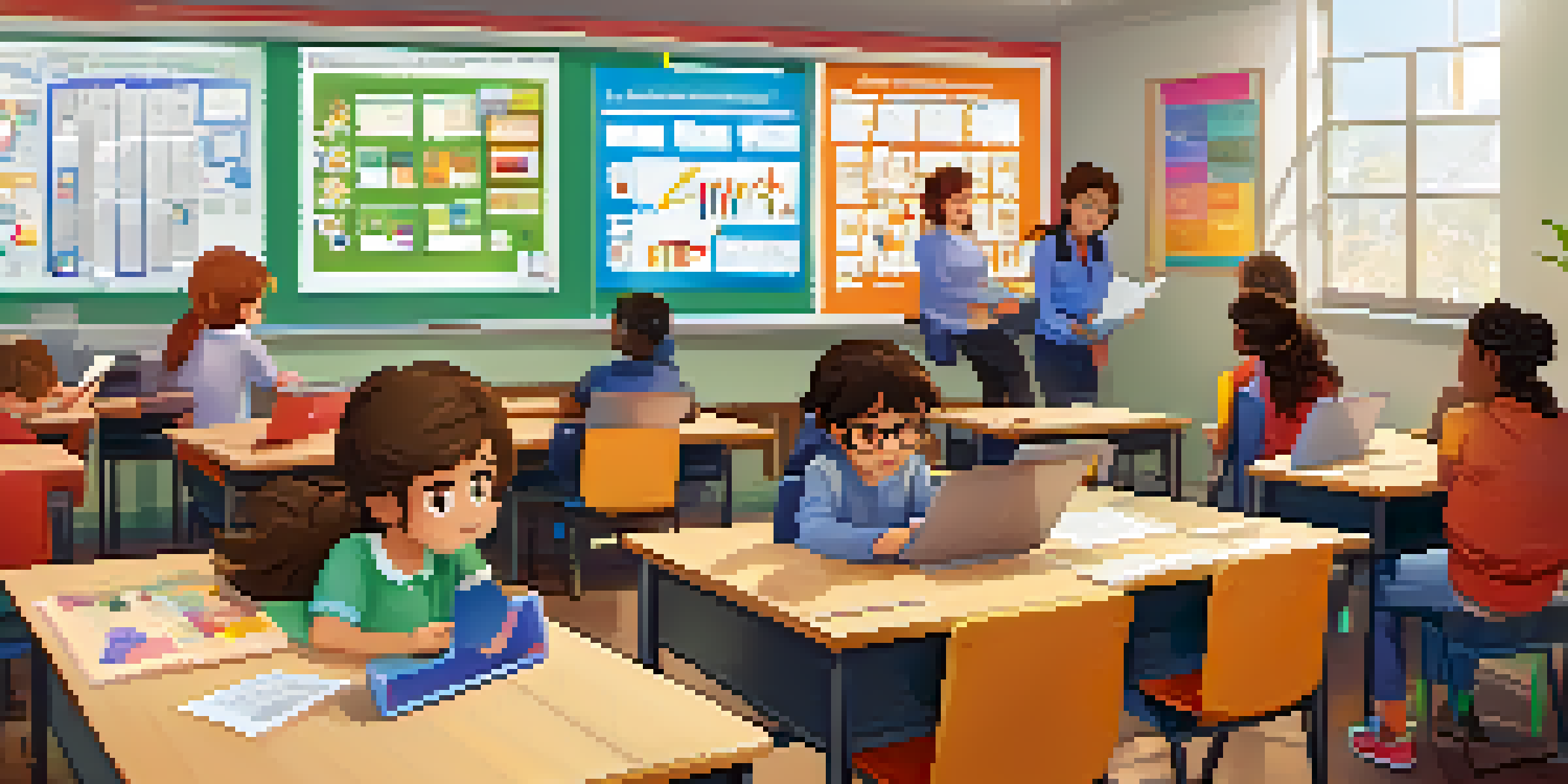 A bright classroom filled with students collaborating on a project, with colorful decorations and a teacher guiding them.