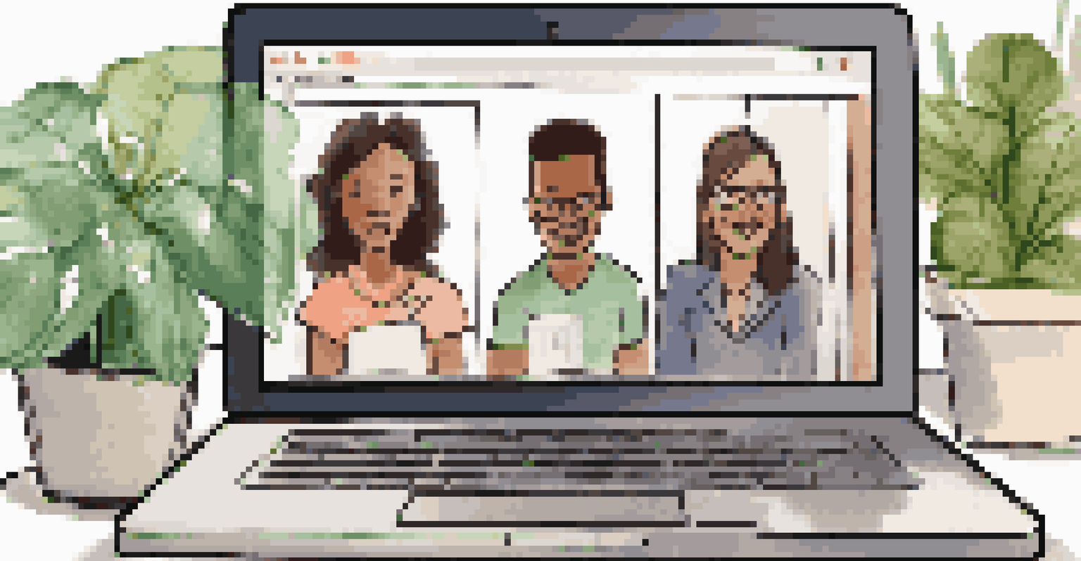 A laptop screen displaying a video call with diverse learners in a modern workspace, emphasizing online collaboration.