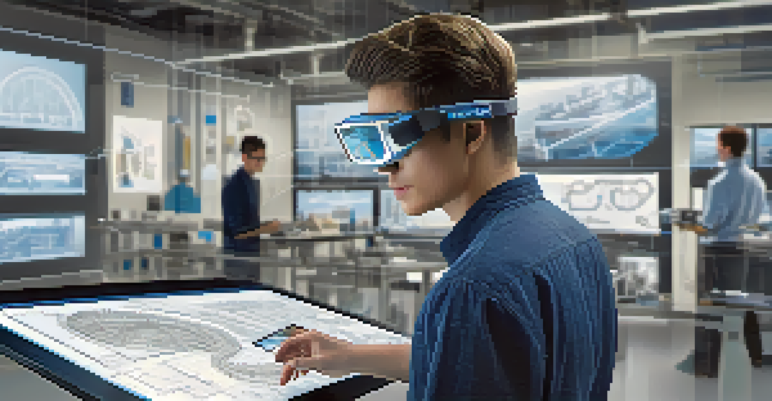 An engineering student wearing AR glasses and manipulating a 3D model of a bridge design in a laboratory filled with advanced technology.