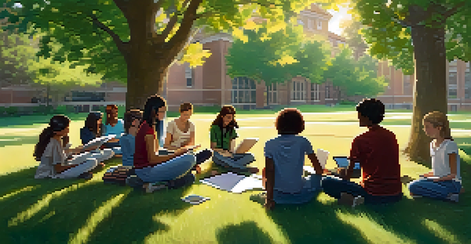 A diverse group of students collaborating in an outdoor classroom setting, surrounded by trees and sunlight.