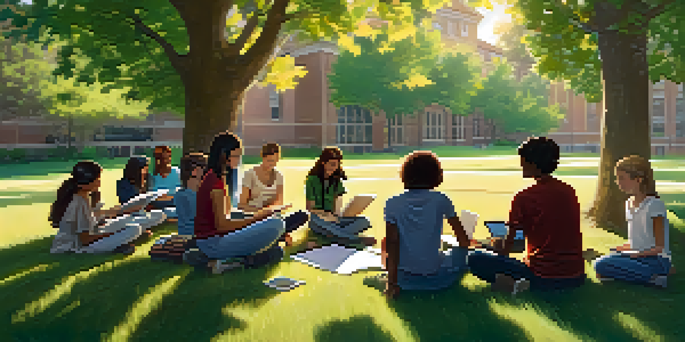 A diverse group of students collaborating in an outdoor classroom setting, surrounded by trees and sunlight.