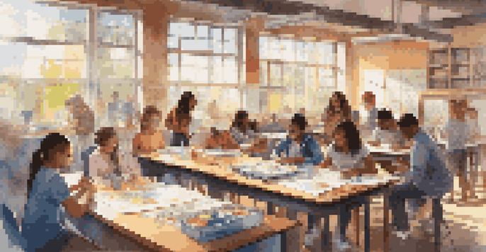A diverse group of students working together on a creative project in a bright classroom, surrounded by art supplies and scientific tools.