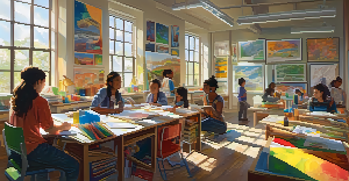 A diverse group of students working together in a bright classroom, surrounded by art supplies and educational materials.