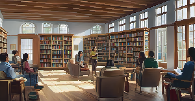 A cozy library with wooden shelves filled with books, a reading nook, and a diverse group of people engaged in a workshop.
