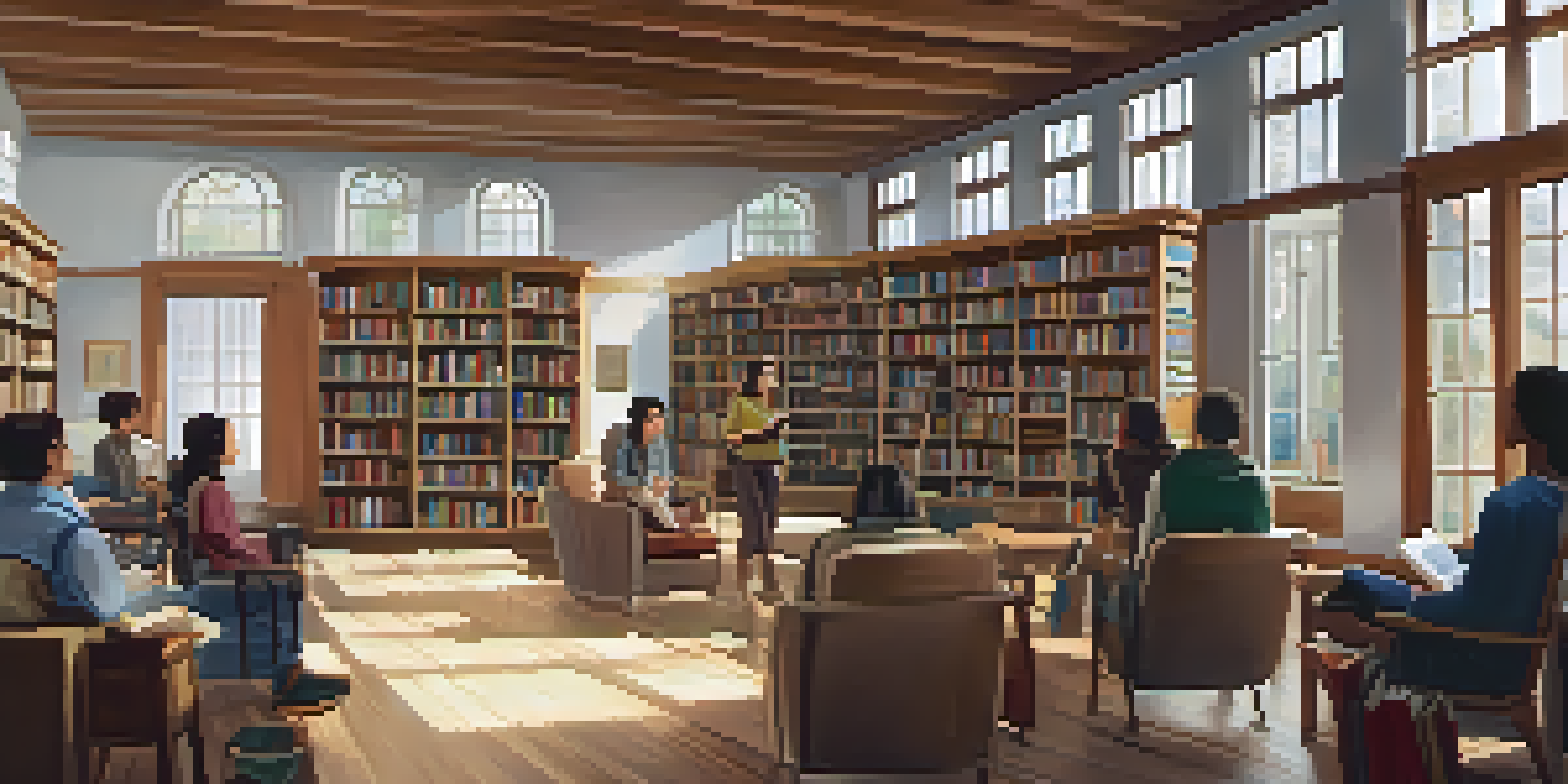 A cozy library with wooden shelves filled with books, a reading nook, and a diverse group of people engaged in a workshop.