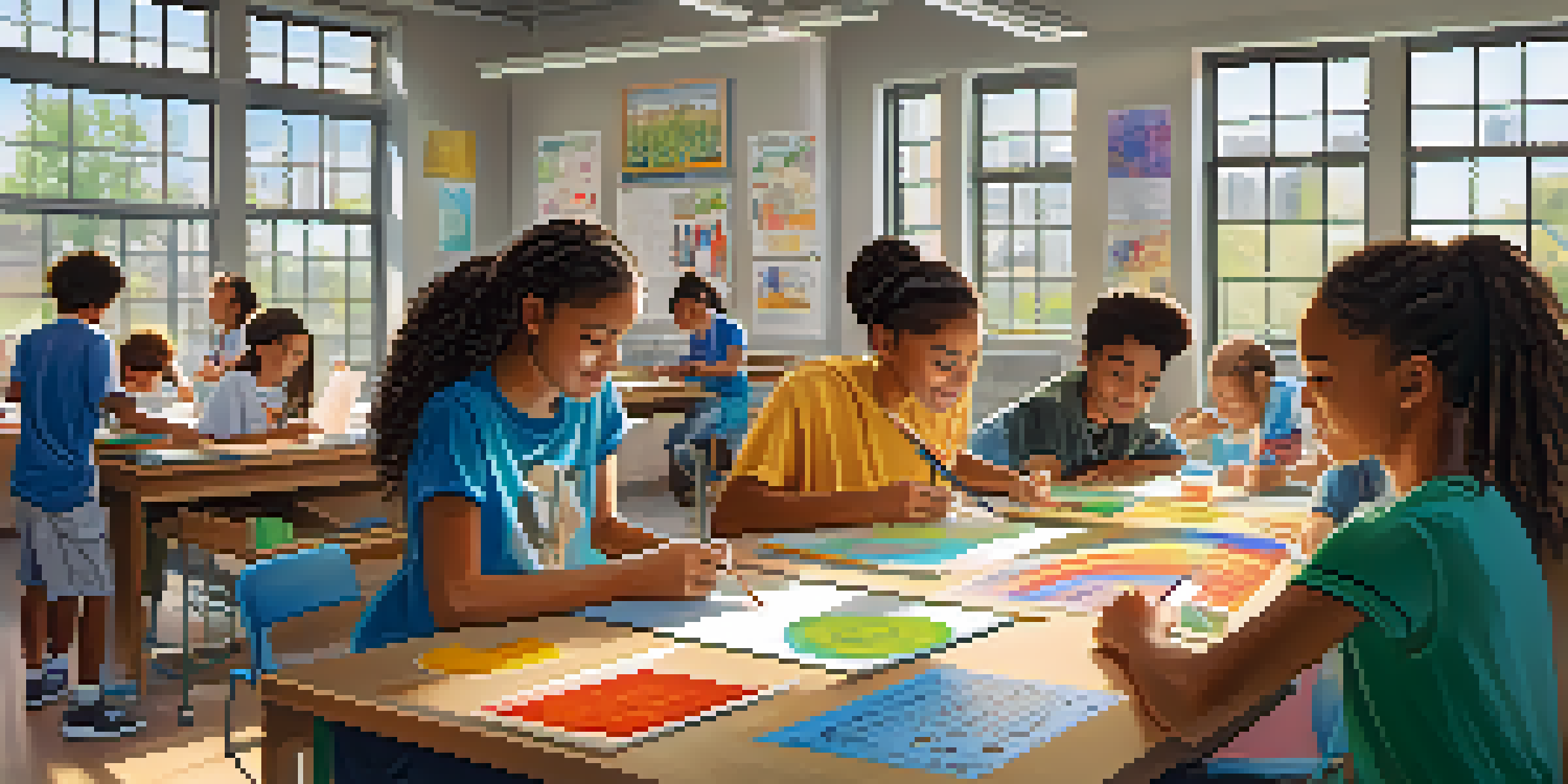 A diverse group of students working together on a project in a colorful classroom, surrounded by art supplies and scientific charts.