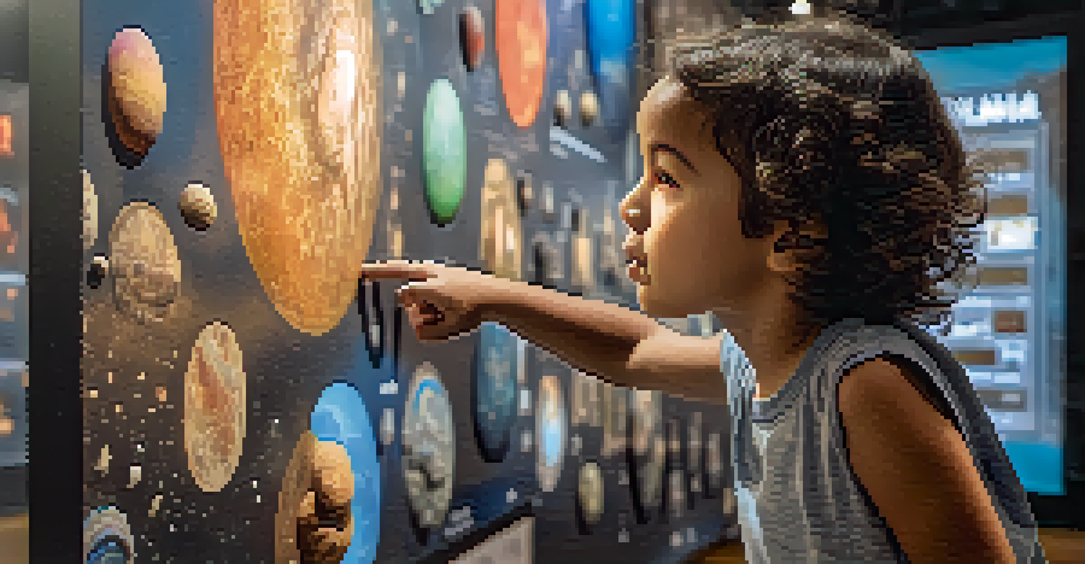 A child pointing at a glowing interactive screen in a museum filled with colorful science exhibits.