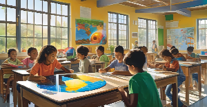 A diverse group of children in a bright classroom working together on a solar panel model, with educational posters about renewable energy in the background.