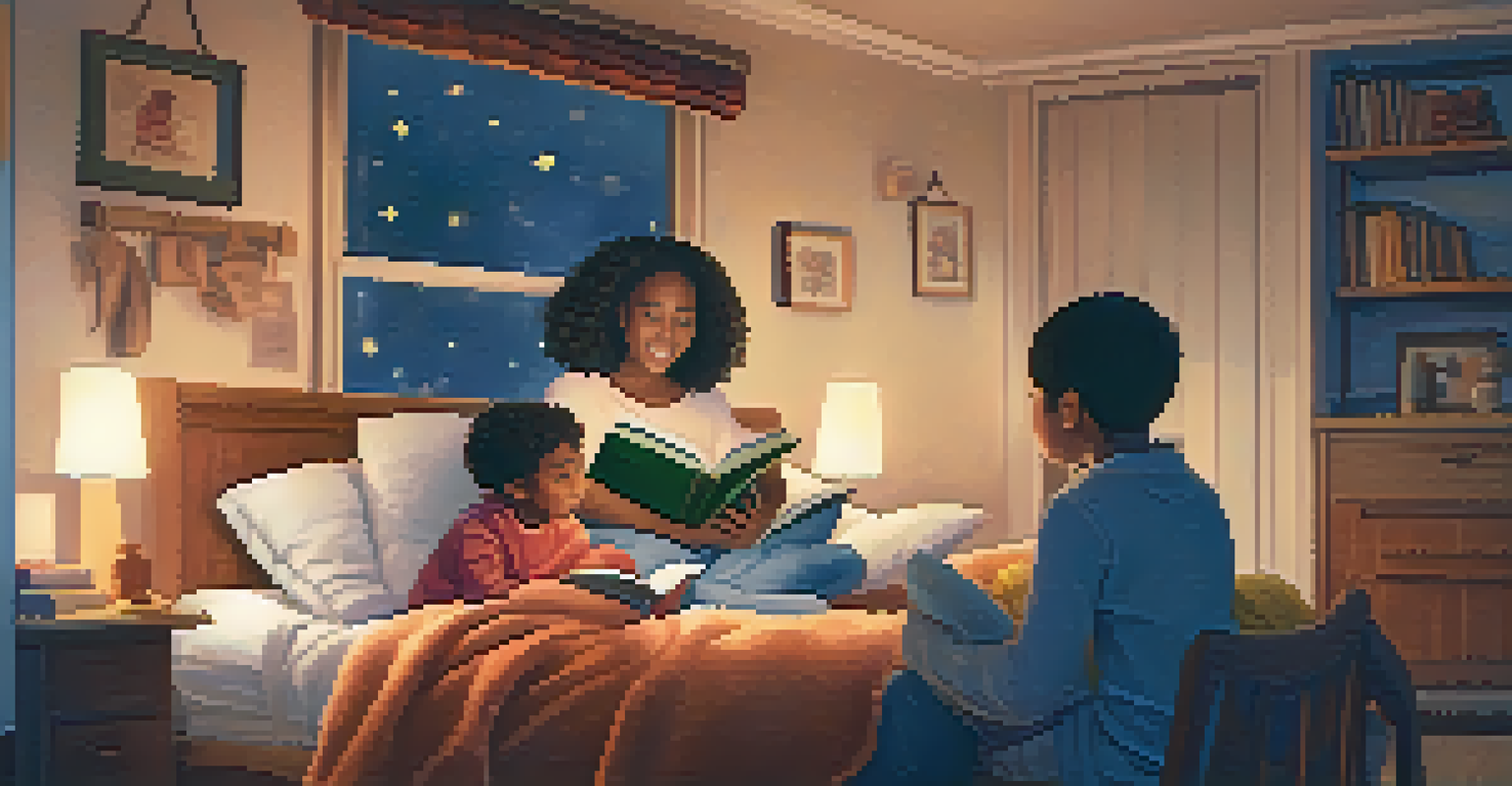 A parent reading a bedtime story to children in a warmly lit room, creating an engaging storytelling environment.
