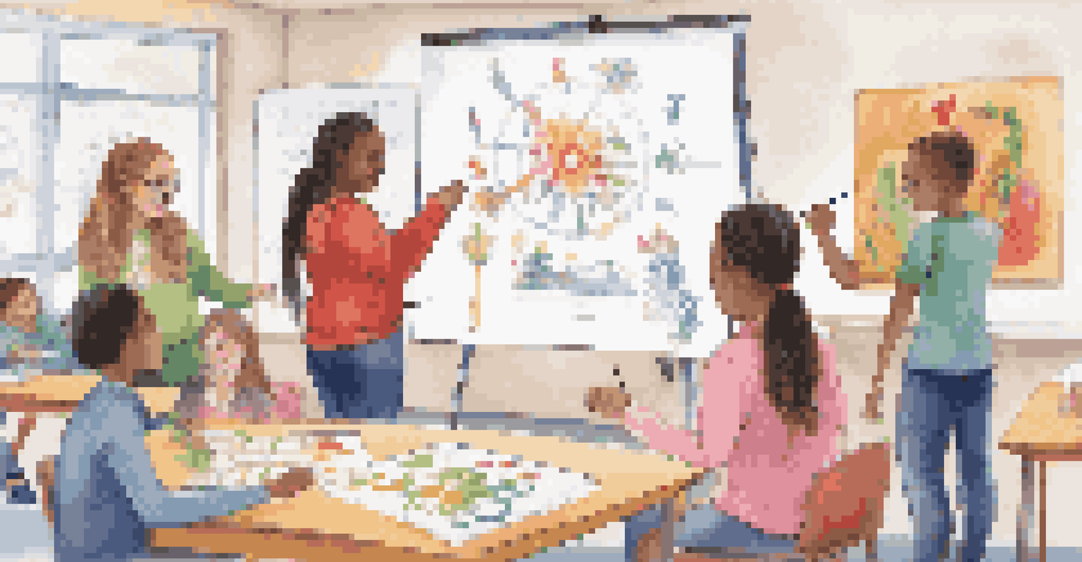 Students of different abilities collaborating on a project in a vibrant classroom, with a teacher guiding them.