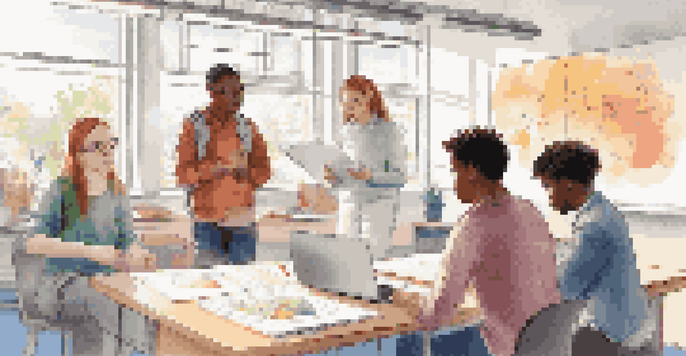A diverse group of students working together on a project in a bright classroom filled with educational materials and sunlight.