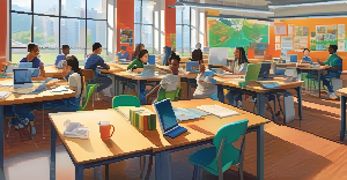 A classroom with students using computers and collaborating on projects, showcasing blended learning.