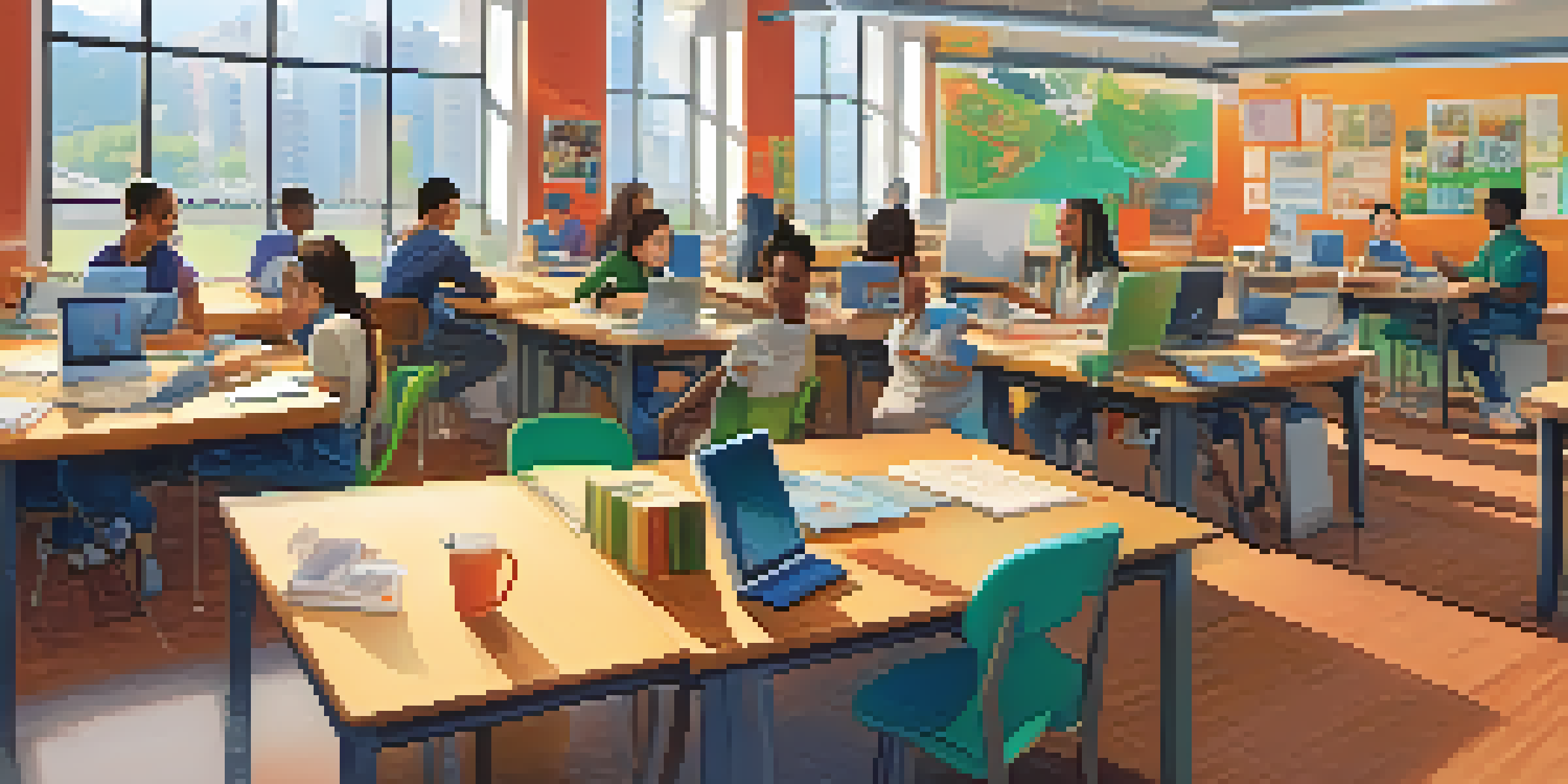 A classroom with students using computers and collaborating on projects, showcasing blended learning.