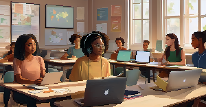 A diverse group of students participating in an online classroom, showing various emotions and using laptops and notebooks.