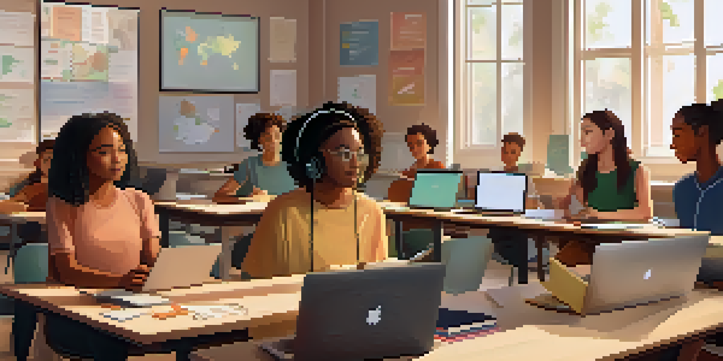 A diverse group of students participating in an online classroom, showing various emotions and using laptops and notebooks.