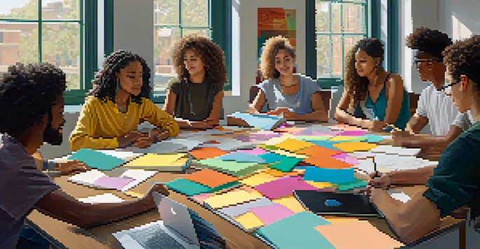 A diverse group of students working together at a table, discussing ideas with notebooks and laptops in a bright room.