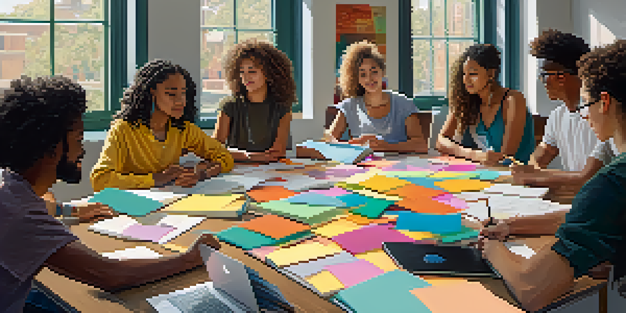 A diverse group of students working together at a table, discussing ideas with notebooks and laptops in a bright room.