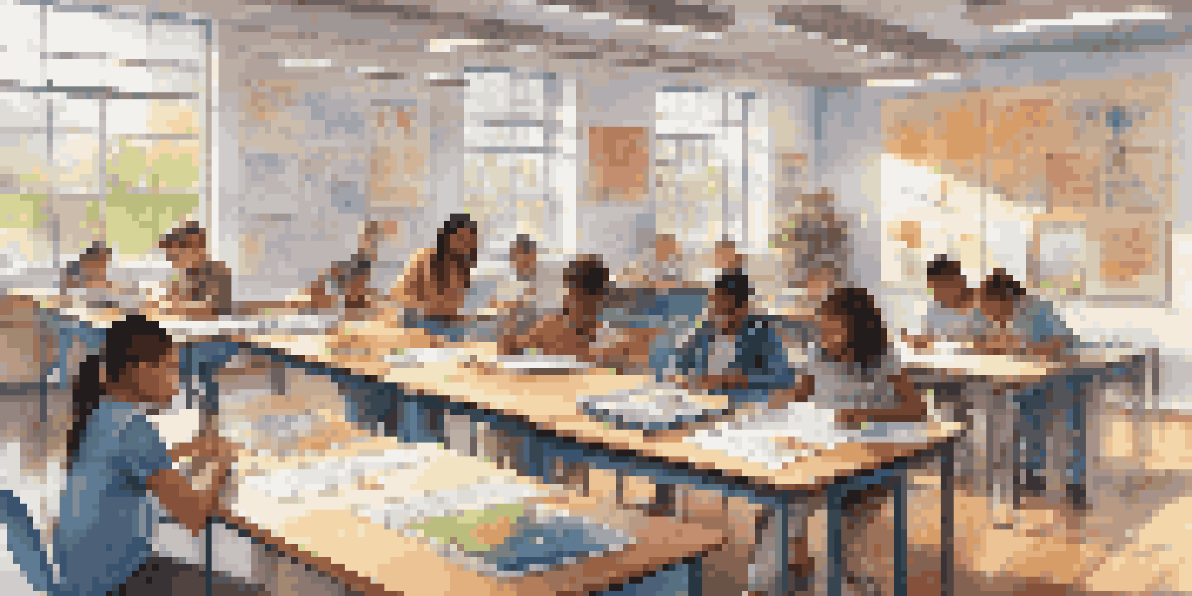 A diverse group of students collaborating on projects in a bright classroom filled with learning materials and technology.