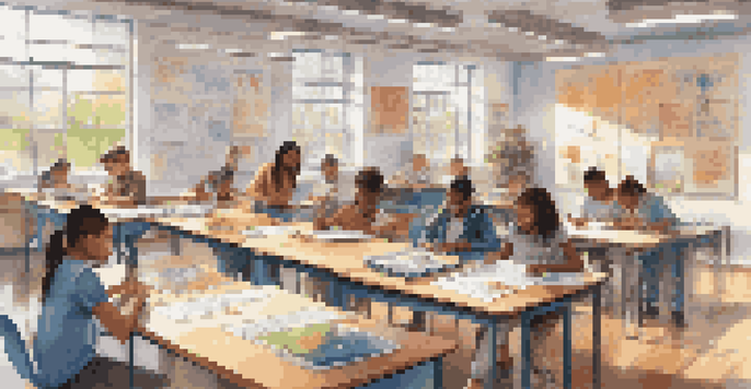 A diverse group of students collaborating on projects in a bright classroom filled with learning materials and technology.