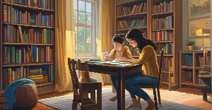 A mother and child in a cozy study area, with books and warm lighting, working on homework together.