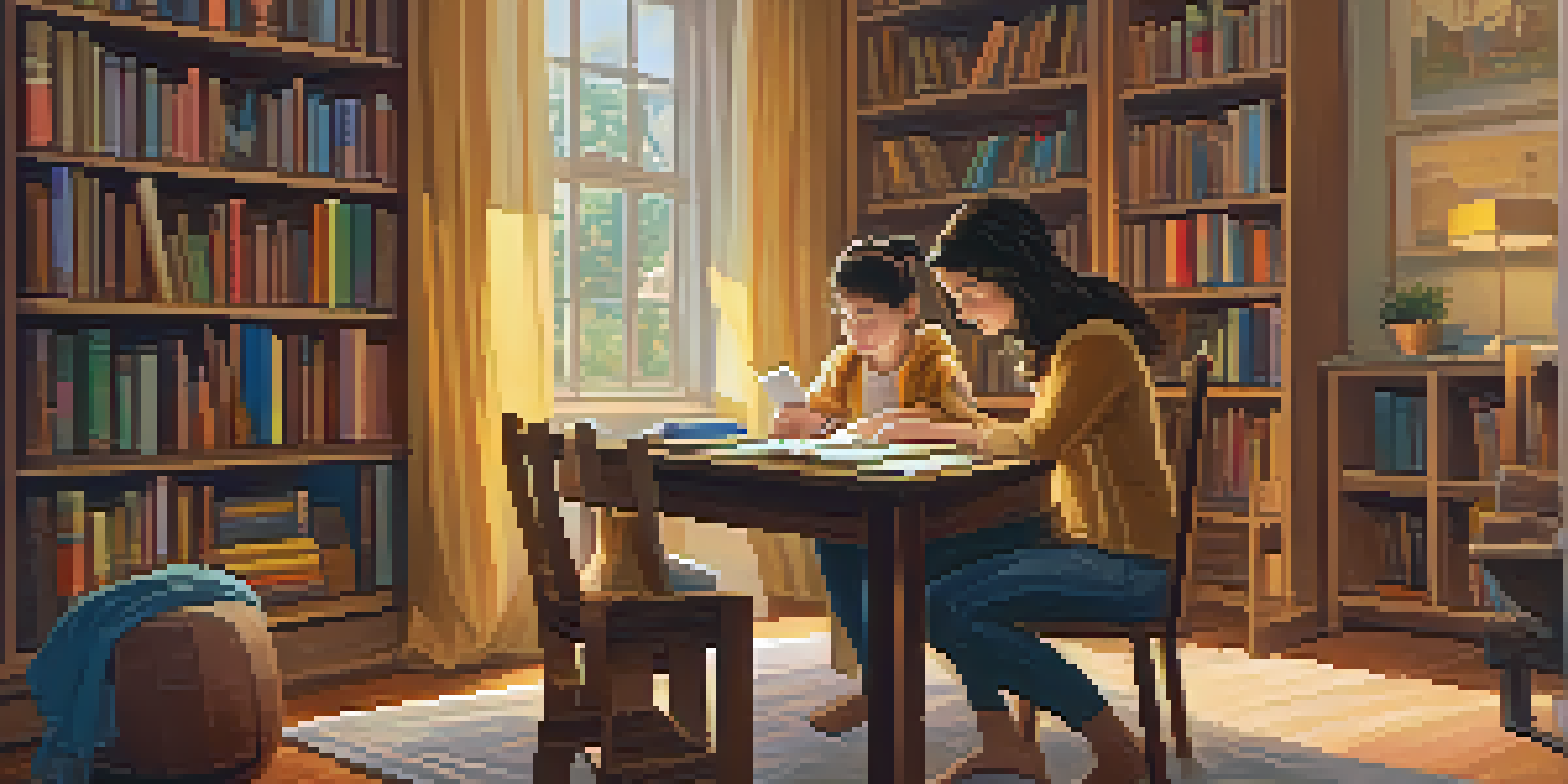 A mother and child in a cozy study area, with books and warm lighting, working on homework together.