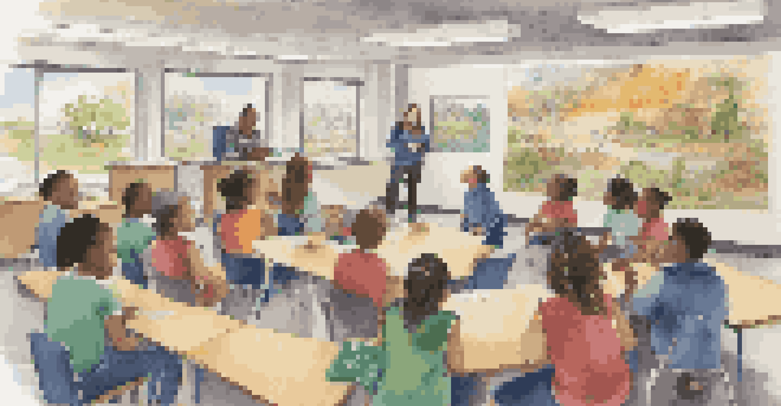 Students in a classroom discussing local environmental issues with a community leader, surrounded by educational posters.