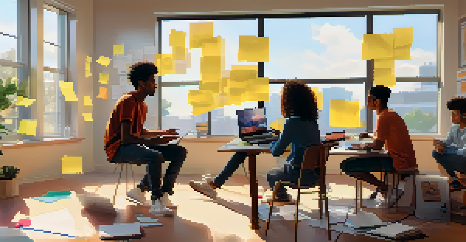 A group of students collaborating on a video project in a bright study room, surrounded by notes and a laptop.