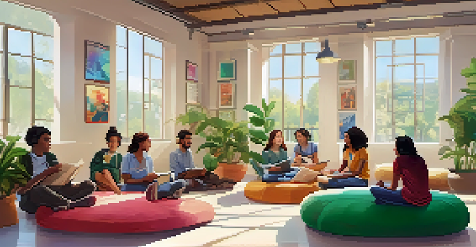 A bright and inviting classroom with students of diverse backgrounds seated in a circle, discussing ideas and sharing thoughts in an open dialogue.