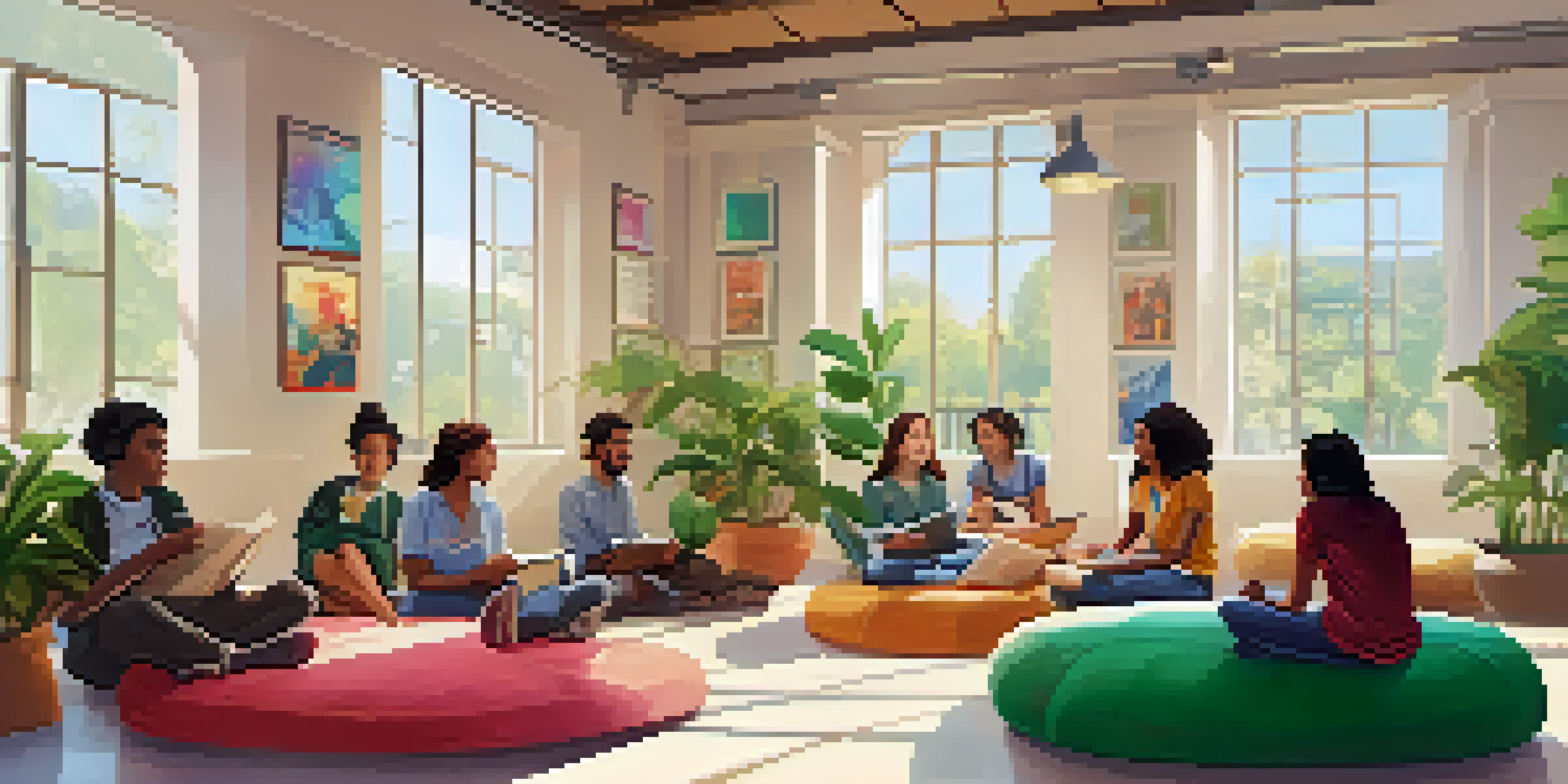 A bright and inviting classroom with students of diverse backgrounds seated in a circle, discussing ideas and sharing thoughts in an open dialogue.