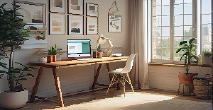 A cozy home office with a wooden desk, laptop, notebooks, coffee cup, and a potted plant, bathed in soft natural light.