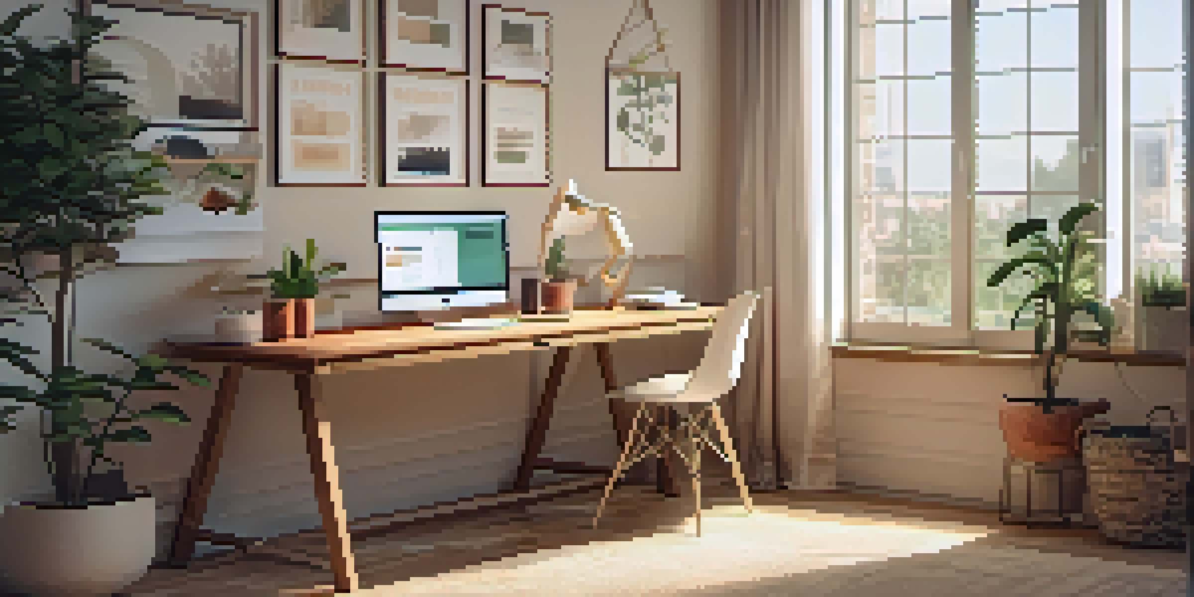 A cozy home office with a wooden desk, laptop, notebooks, coffee cup, and a potted plant, bathed in soft natural light.