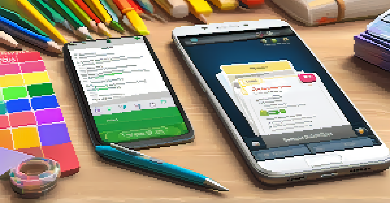 A smartphone displaying a colorful mobile language learning app on a wooden desk with stationery items.