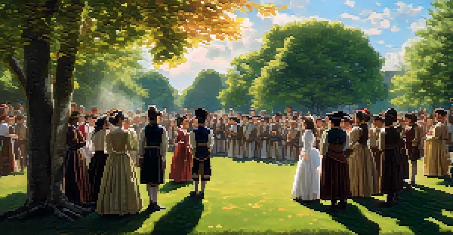 Students dressed in historical costumes performing a reenactment in a park, surrounded by trees and an engaged audience.