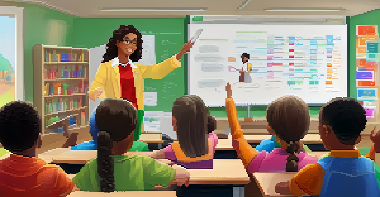 A teacher using a polling app with engaged students in a lively classroom, raising hands to answer questions.